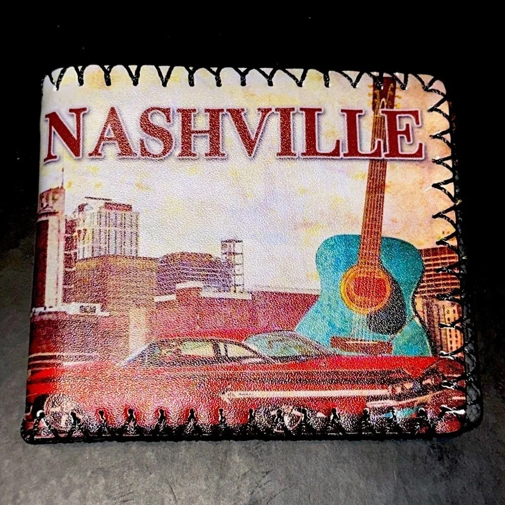 NWT LEATHER Nashville, TN Music City/Broadway/Guitar Men’s Billfold Wallet